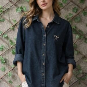 Women's Effortless Denim Charm: Classic Button-Down Shirt with Minimal Bow Detail, Relaxed Fit for Everyday Casual Elegance and Timeless Style